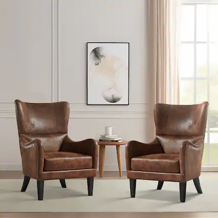 Front. APRILSOUL - Studded Arm Chair Living Room Study Bedroom Set of 2 - Brown.