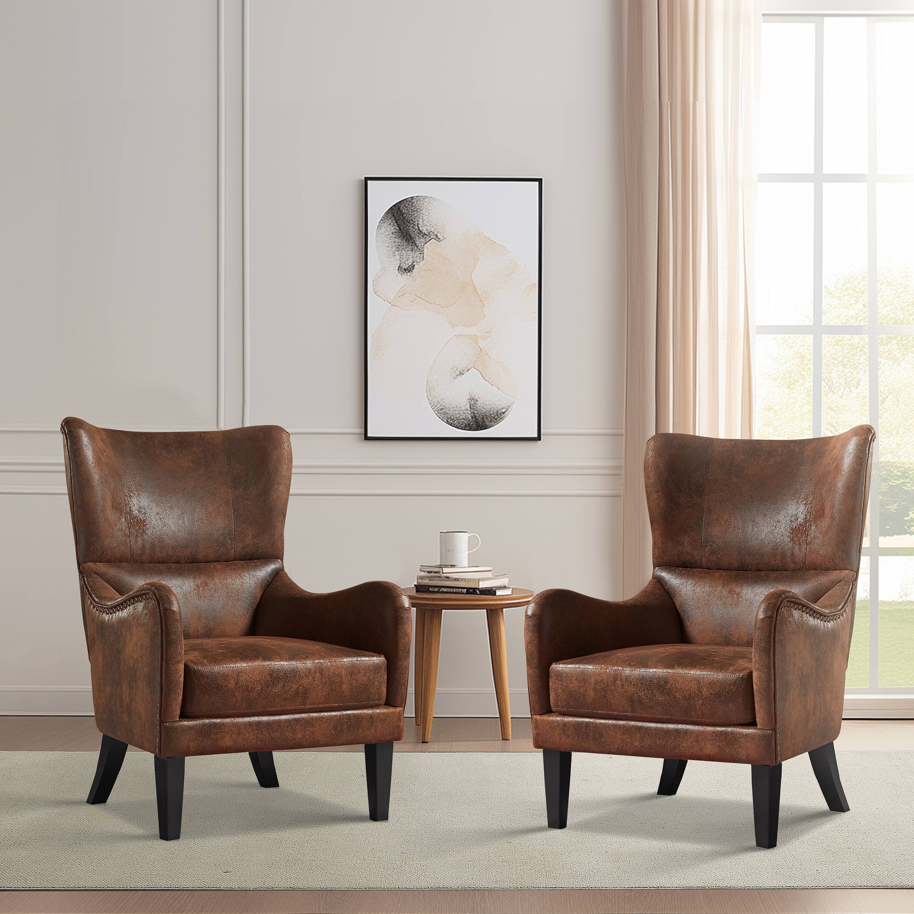 Front. APRILSOUL - Studded Arm Chair Living Room Study Bedroom Set of 2 - Brown.