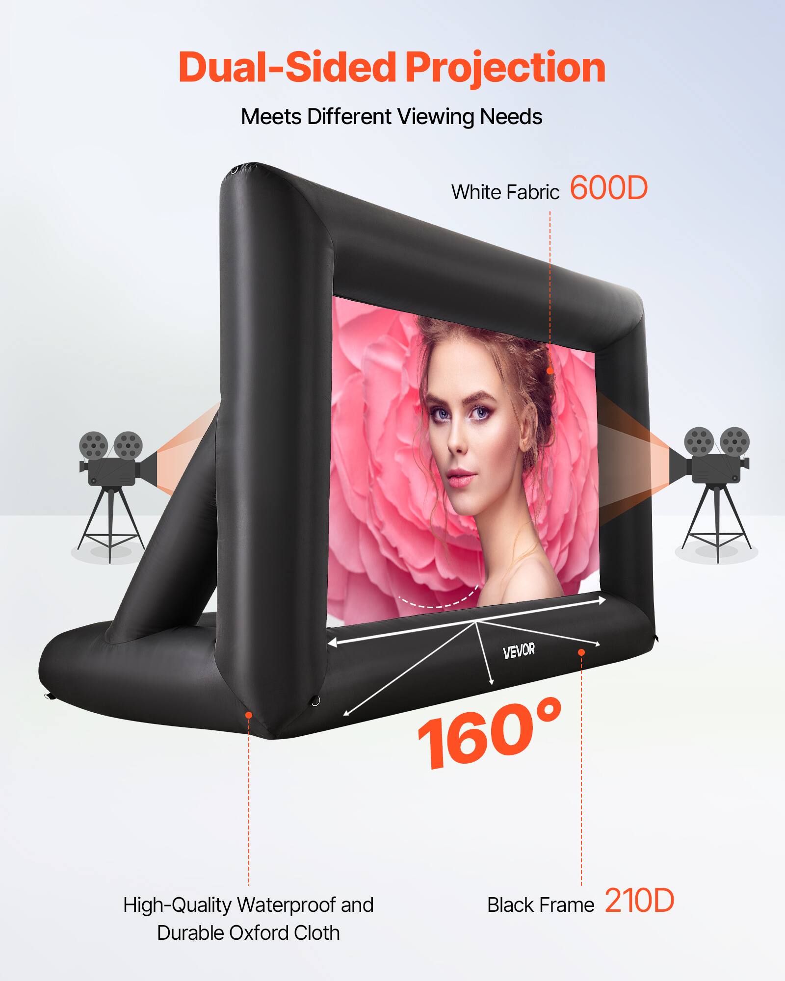 Dual-Sided Projection, Meets Different Viewing Needs, White Fabric 600D, VEVOR 160, High-Quality Waterproof and Durable Oxford Cloth, Black Frame 210D