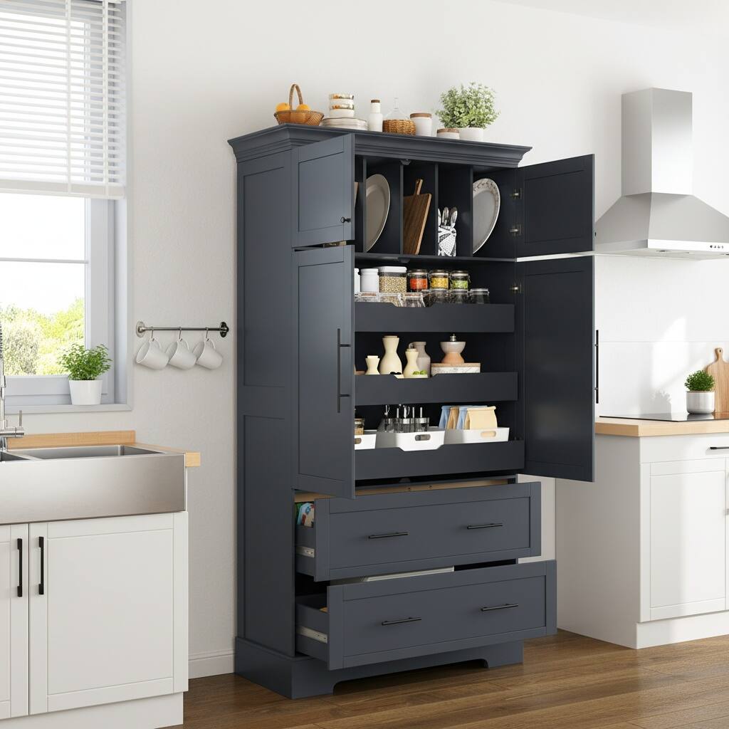 Left. Forest'nSky - 72.6" Farmhouse Kitchen Pantry, 40" Wide with Pull-Out Trays & Cake Pan Storage Organizer, Grey - Grey.