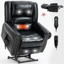 Ropilly - Genuine Leather Recliner Dual Motor Lift Chair with Heat Massage - Black