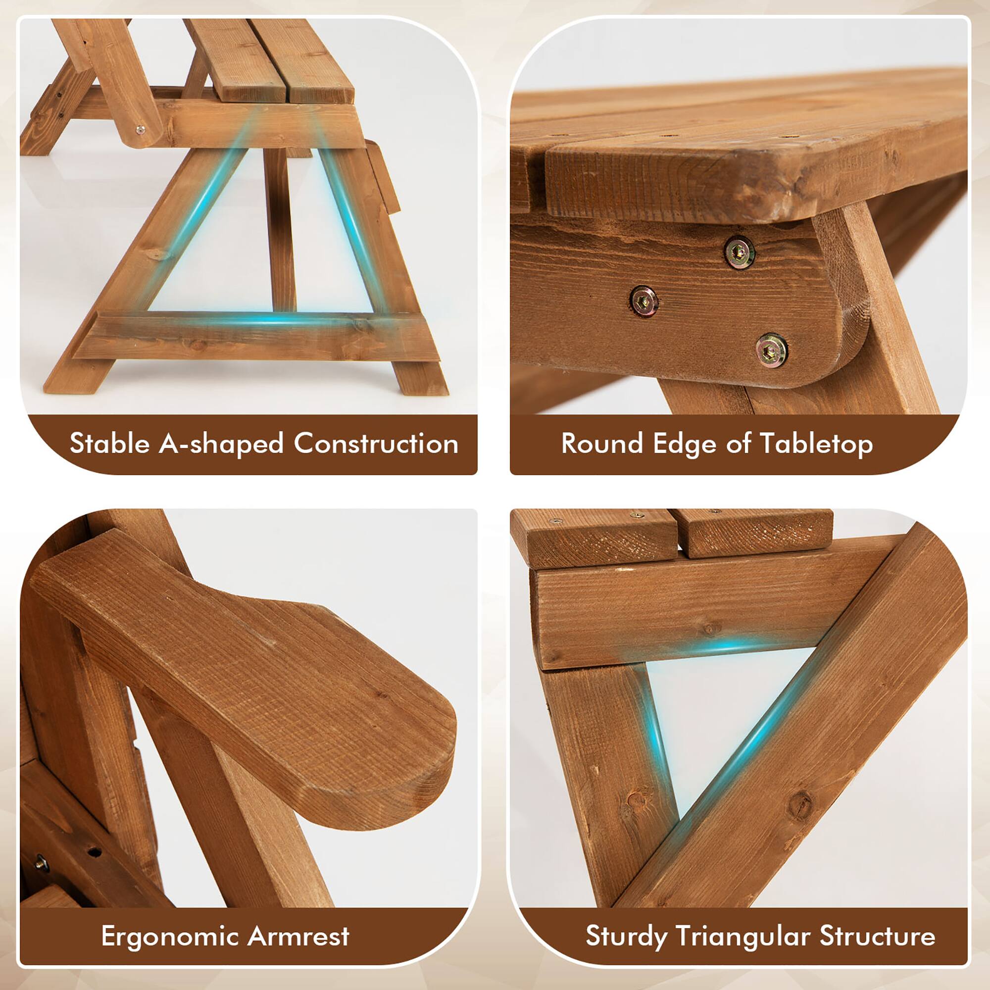 - Stable A-shaped Construction
- Round Edge of Tabletop
- Ergonomic Armrest
- Sturdy Triangular Structure