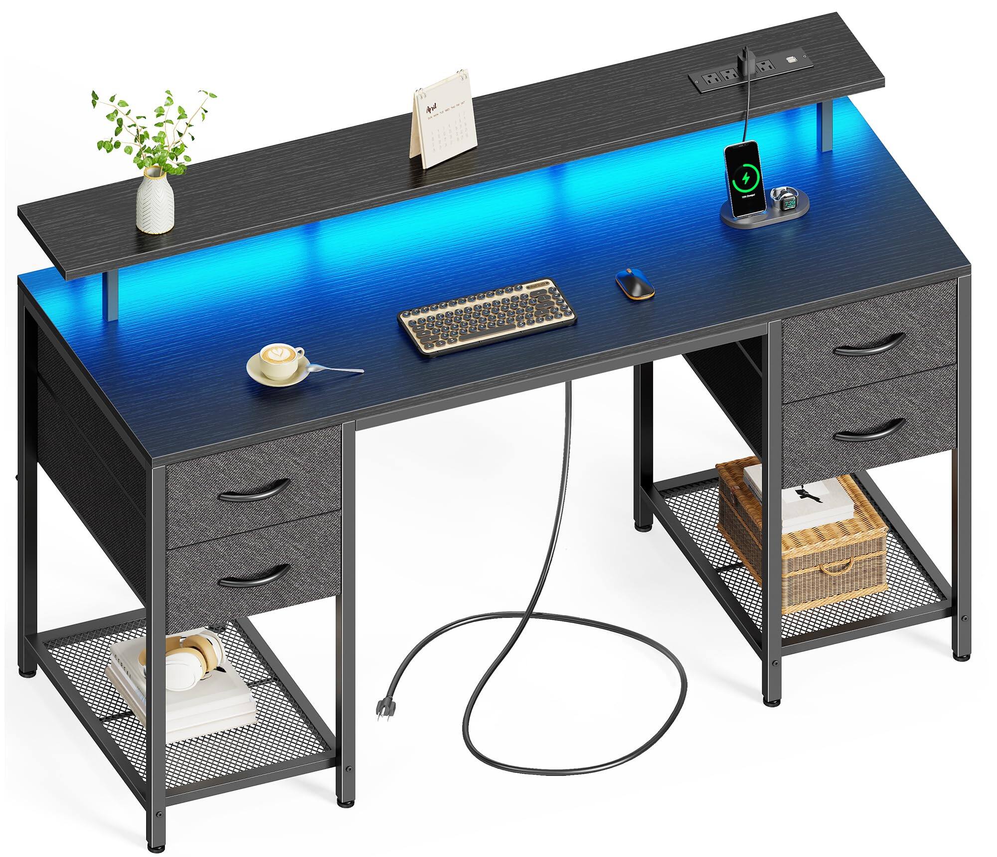 Front. Fabibe - 55 Inch Computer Desk With 4 Drawers Gaming Led Lights & Power Outlets Home Office Large Storage Space For Bedroom Offic - Black 55 inch.