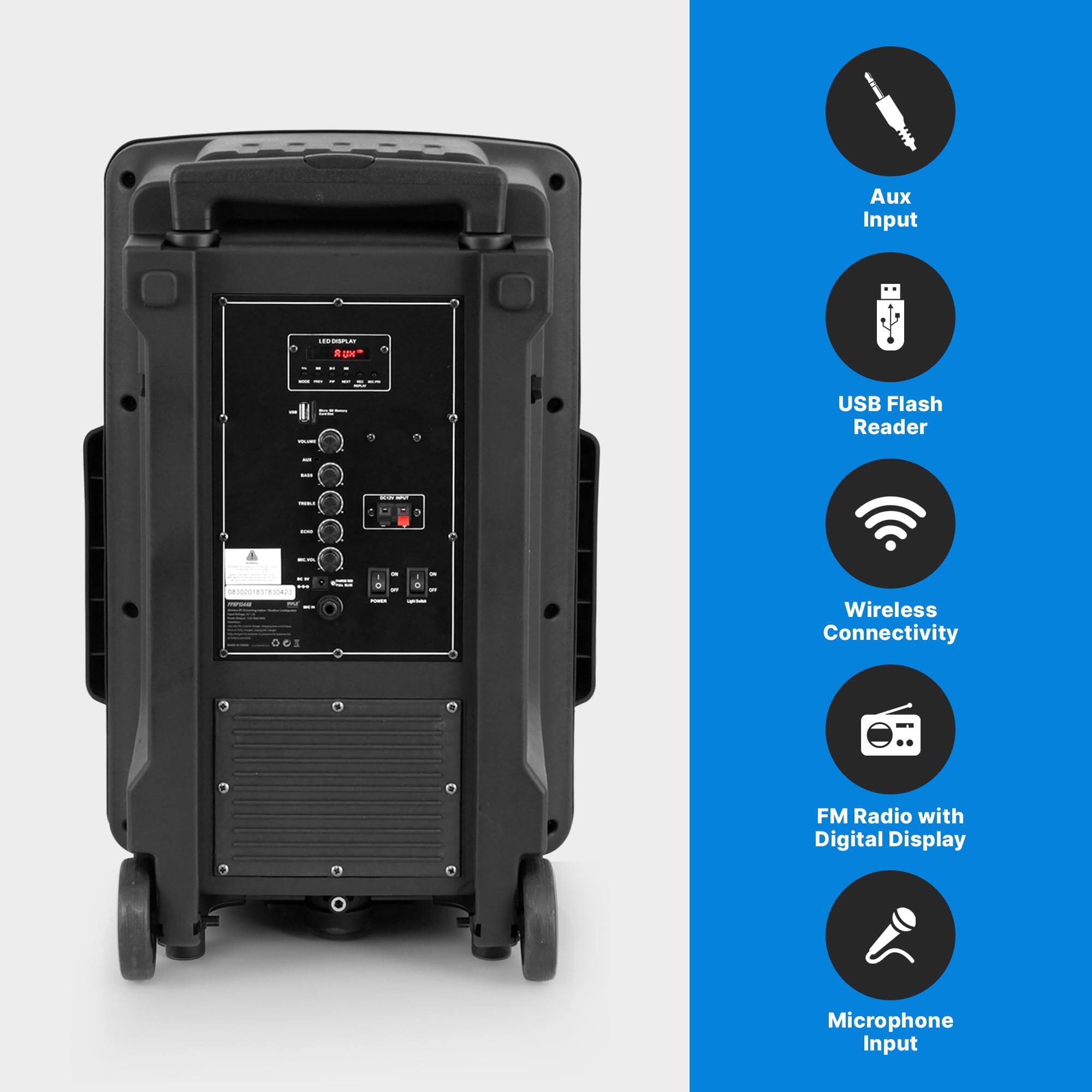 - Aux Input
- USB Flash Reader
- Wireless Connectivity
- FM Radio with Digital Display
- Microphone Input