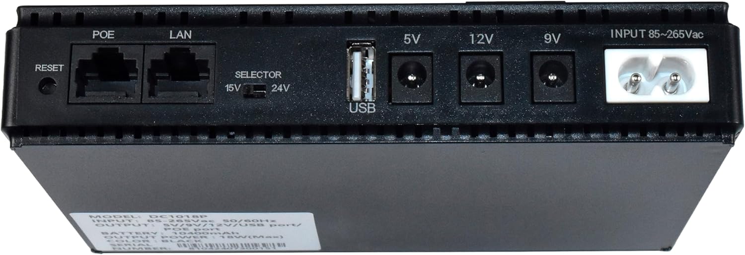 POE LAN 5V 12V 9V INPUT 85~265Vac RESET SELECTOR 15V 24V USB MODEL DE1018P INPUT -285V8 50/60Hz OUTPUT 5V/9V/12V/USB pary POE POLPEN Ba BATTERY 10400mAh OUTPUT POWEE AWMa) EOLOR BLACK SERIAL NUMBER