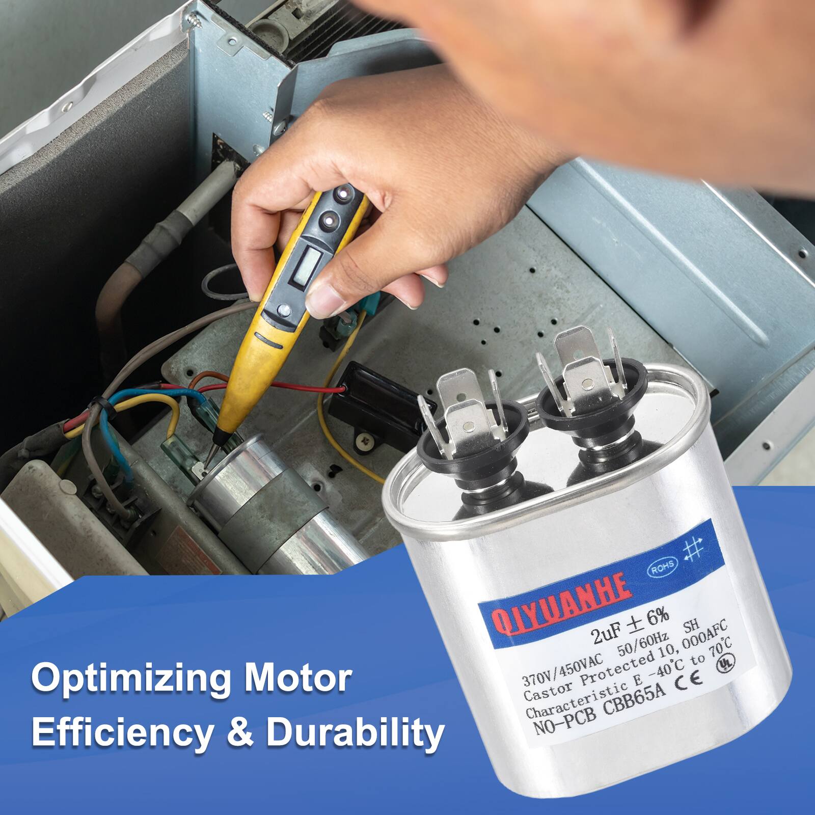 ROHS QIYUANHE 2uF 6% 000AFC SH 50/60Hz 10, 70C to UL Optimizing Motor 370V/450VAC 370V I Protected E -40C CE Castor Characteristic CBB65A Efficiency & Durability NO-PCB
