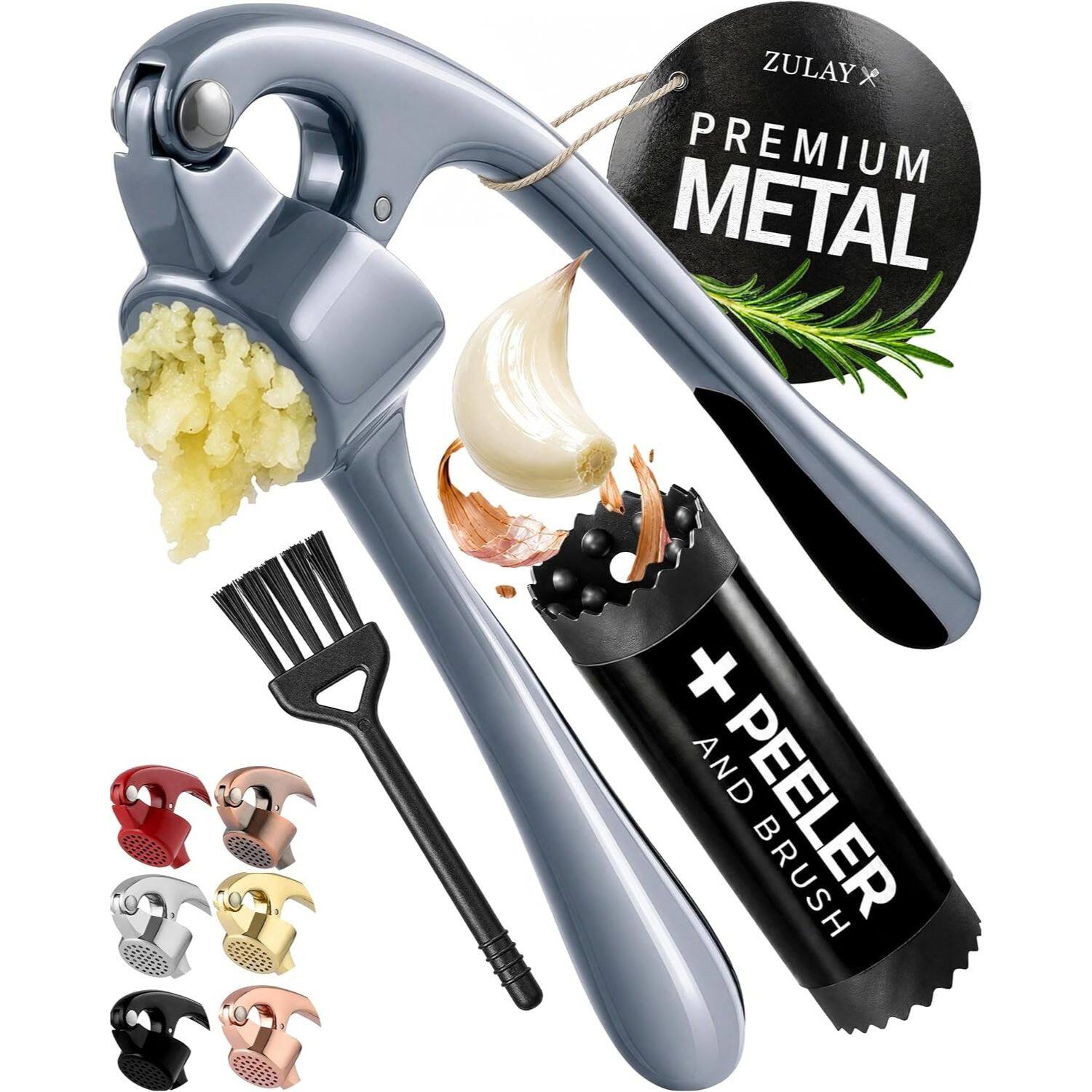 Zulay Kitchen - Premium Garlic Press Set - Rust Proof & Dishwasher Safe Professional Garlic Mincer Tool - Slate