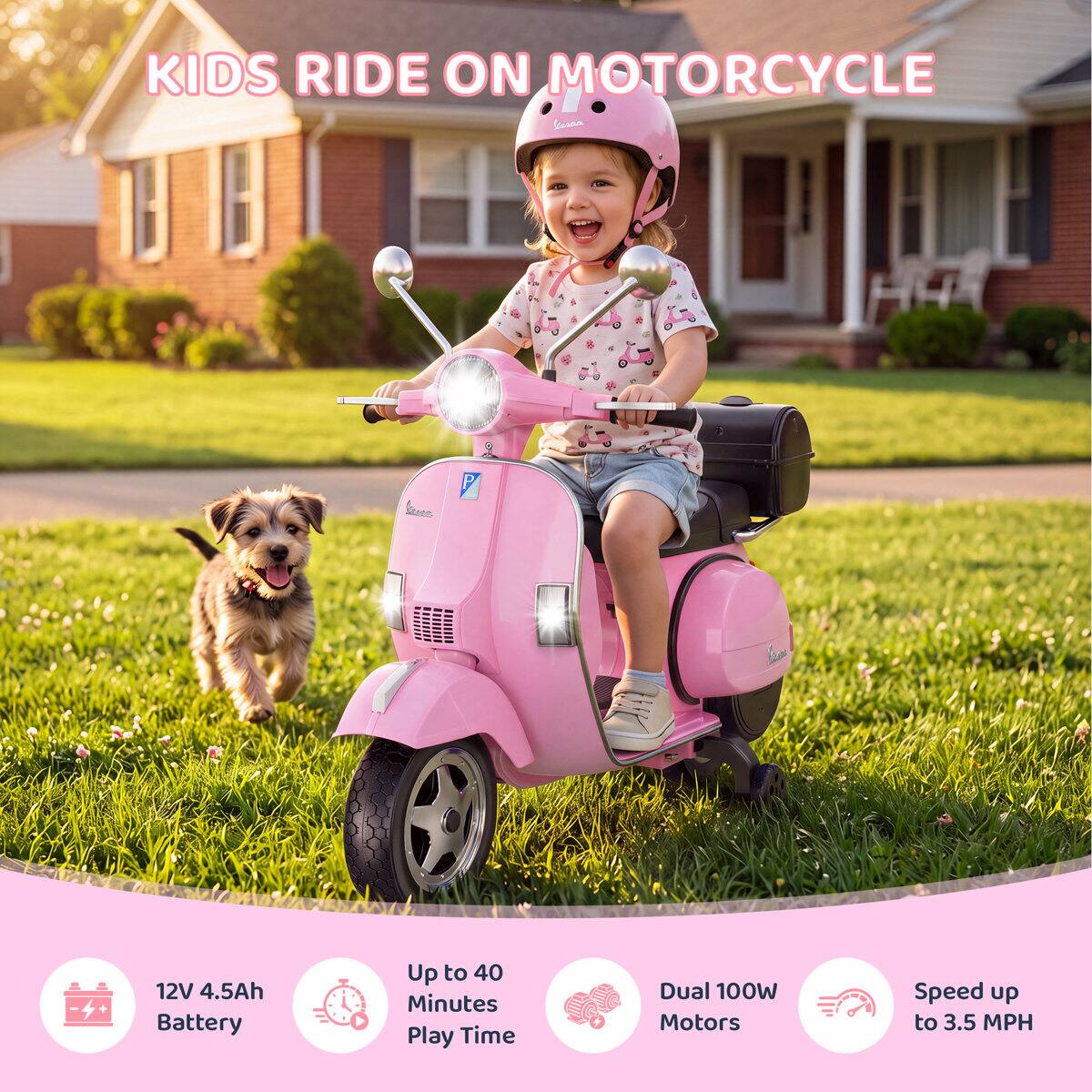 KIDS RIDE ON MOTORCYCLE

- 12V 4.5Ah Battery
- Up to 40 Minutes Play Time
- Dual 100W Motors
- Speed up to 3.5 MPH