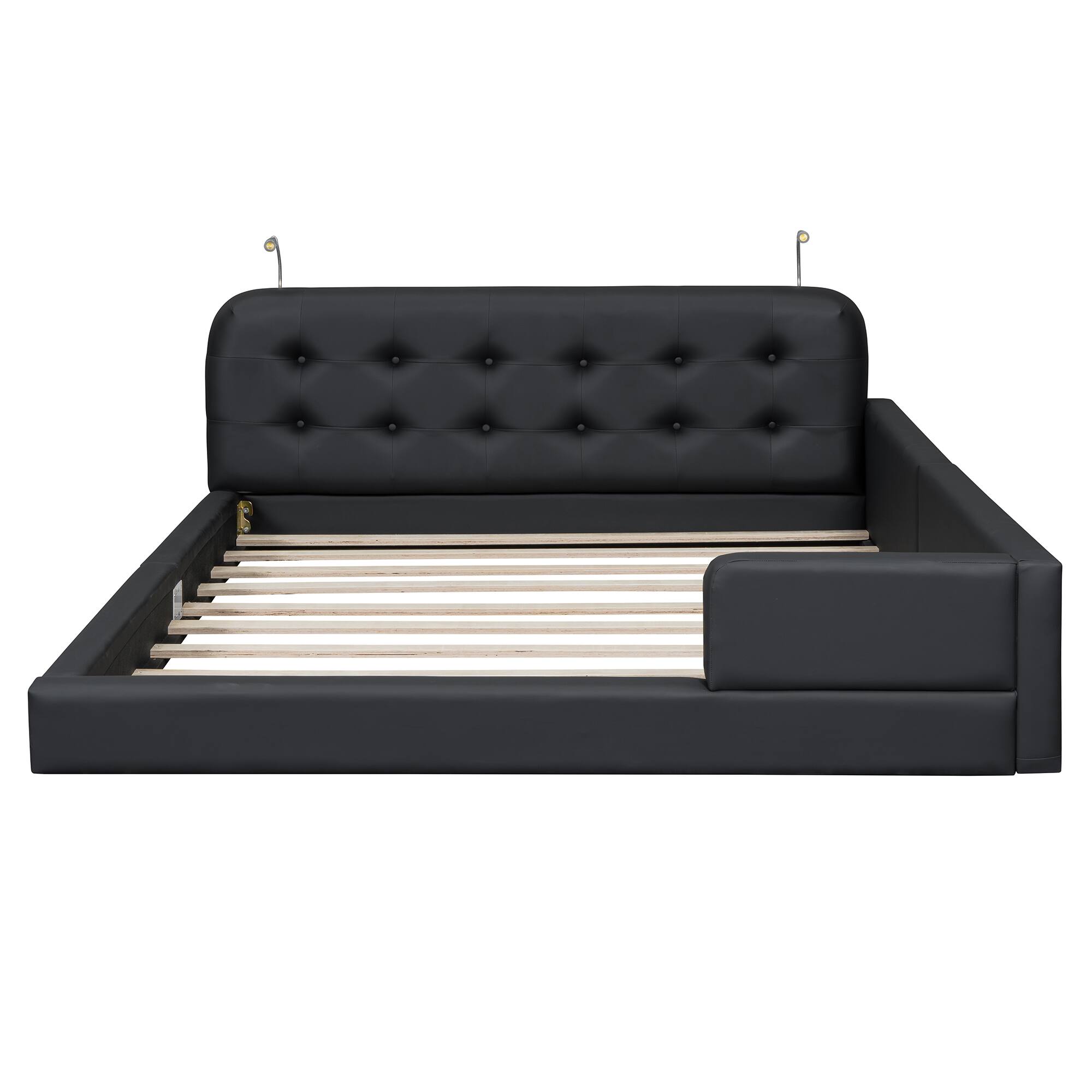 Back. Tiramisubest - Queen Size Upholstered Platform Bed with 2 Reading Lights, Black - Black.