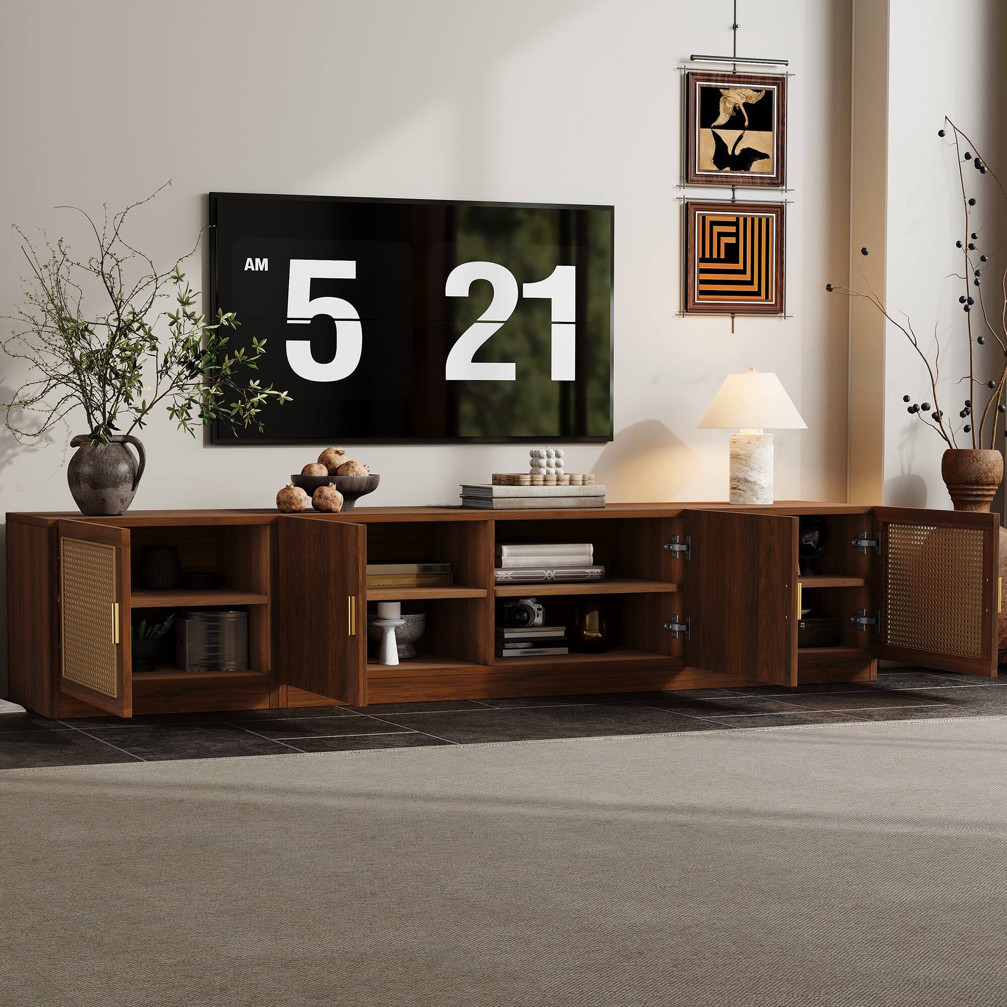 Angle. MERAVOM - Mid-Century Modern TV Stand for TVs Up to 85", Entertainment Center with Rattan Doors, Adjustable Shelf for Living Room - Walnut.
