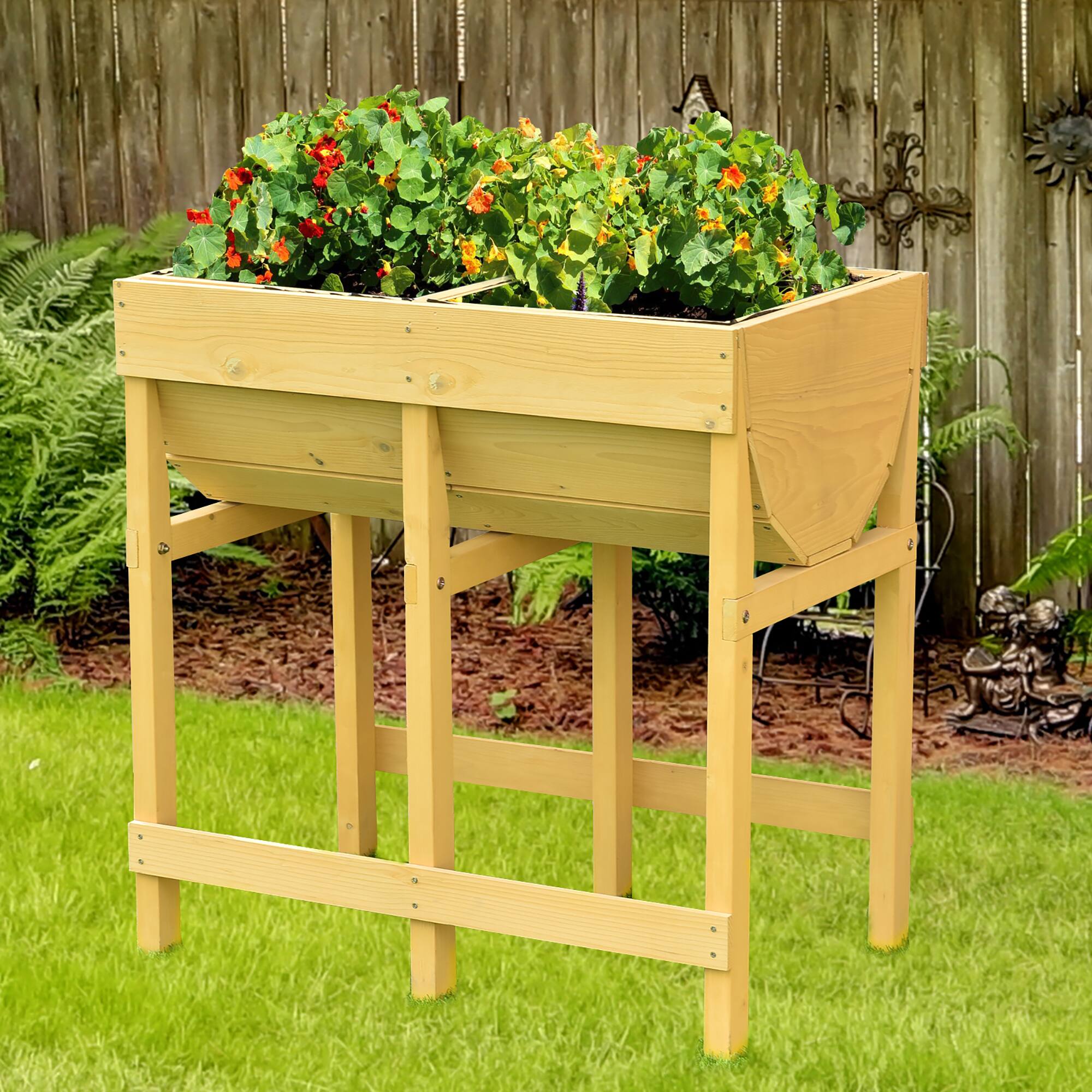 Alt View 4. Costway - Raised Wooden V Planter Elevated Vegetable Flower Bed Free Standing Planting with liner - Yellow.