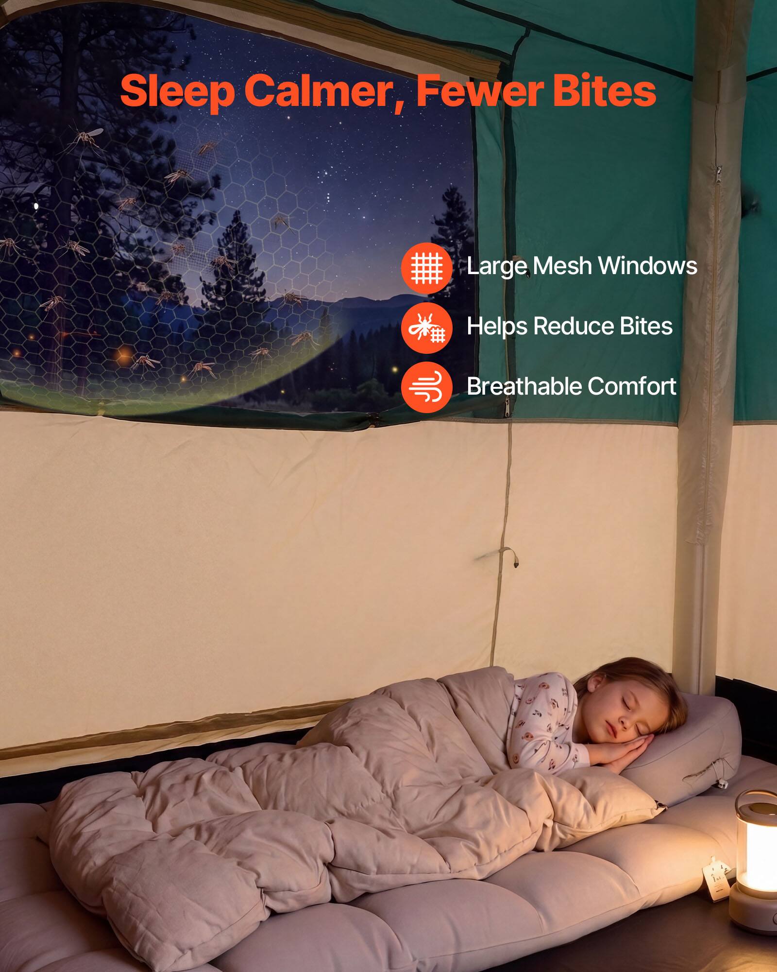 Sleep Calmer, Fewer Bites

- Large Mesh Windows
- Helps Reduce Bites
- Breathable Comfort