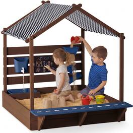 Best Choice Products - Sandbox w/ Canopy, Wooden Sand Box w/ Water Table, Bench Seat, Outdoor Kids Playset - Blue