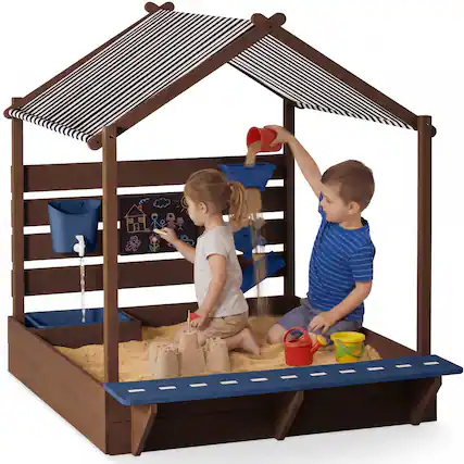 Front. Best Choice Products - Best Choice Products Sandbox w/ Canopy, Wooden Sand Box w/ Water Table, Bench Seat, Outdoor Kids Playset- Blue - Blue.