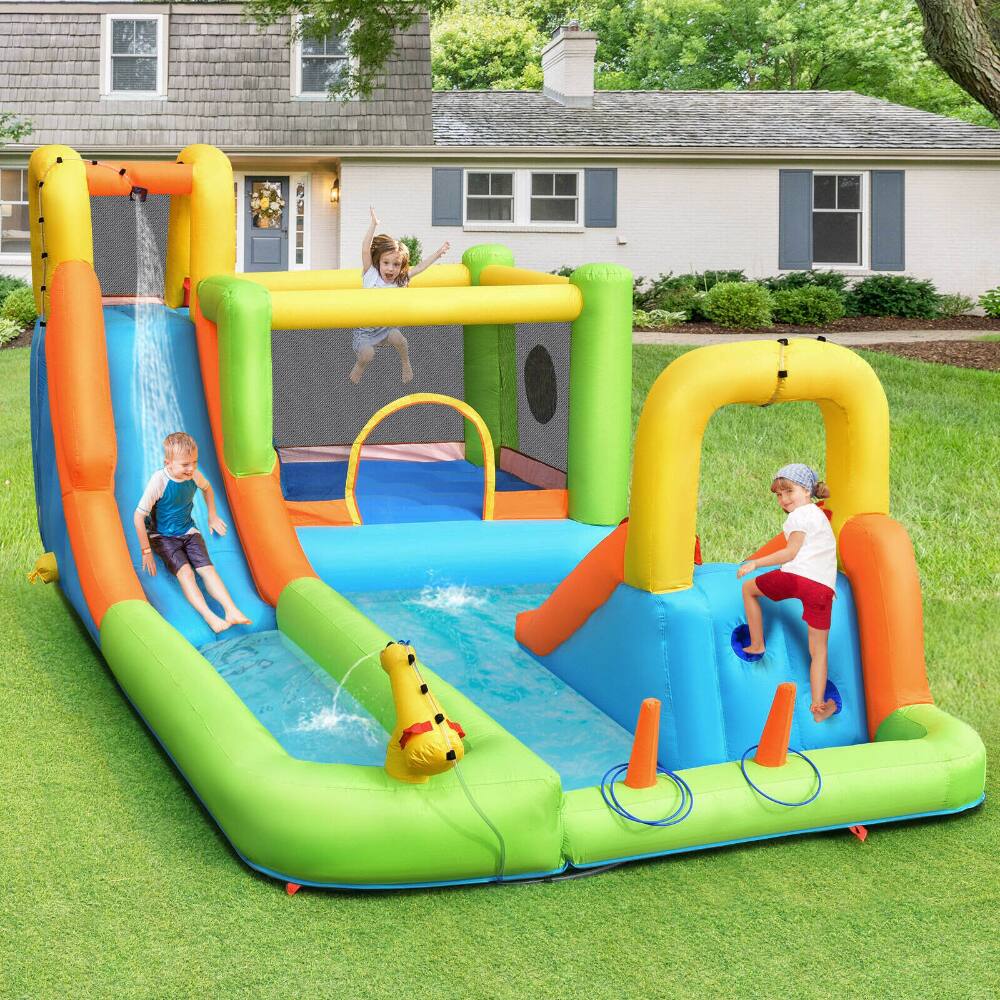Angle. SlickBlue - Kids 8-in-1 Inflatable Water Park with Slides and Bounce House, Blower Not Included - Green, Yellow, Orange, Blue.