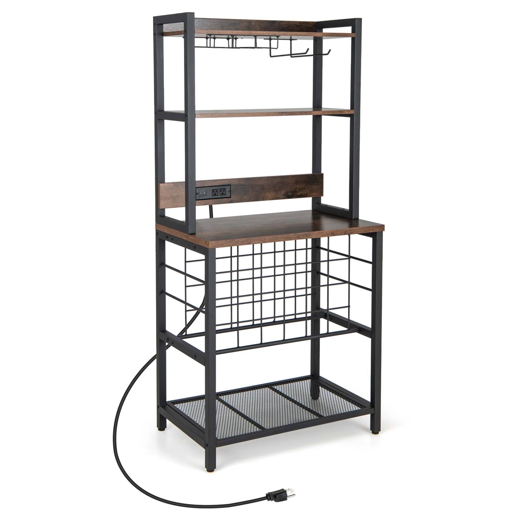 Alt View 8. Costway - Costway Wine Bar Cabinet with 4 Tier Storage Shelves Glass Holders Bottle Racks Industrial - Brown, Black.