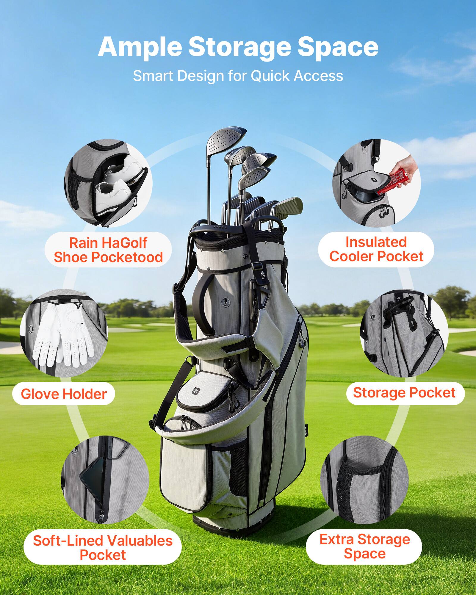 Ample Storage Space  
Smart Design for Quick Access  

- Rain Hat Golf Shoe Pocket  
- Insulated Cooler Pocket  
- Glove Holder  
- Storage Pocket  
- Soft-Lined Valuables Pocket  
- Extra Storage Space