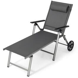 Costway - Patio Folding Chaise Lounge Chair Aluminum Recliner Back Adjust Wheels - Black