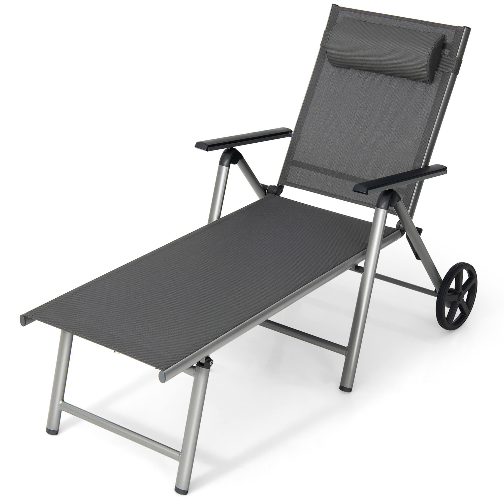 Front. Costway - Costway Patio Folding Chaise Lounge Chair Aluminum Recliner Back Adjust Wheels - Black.