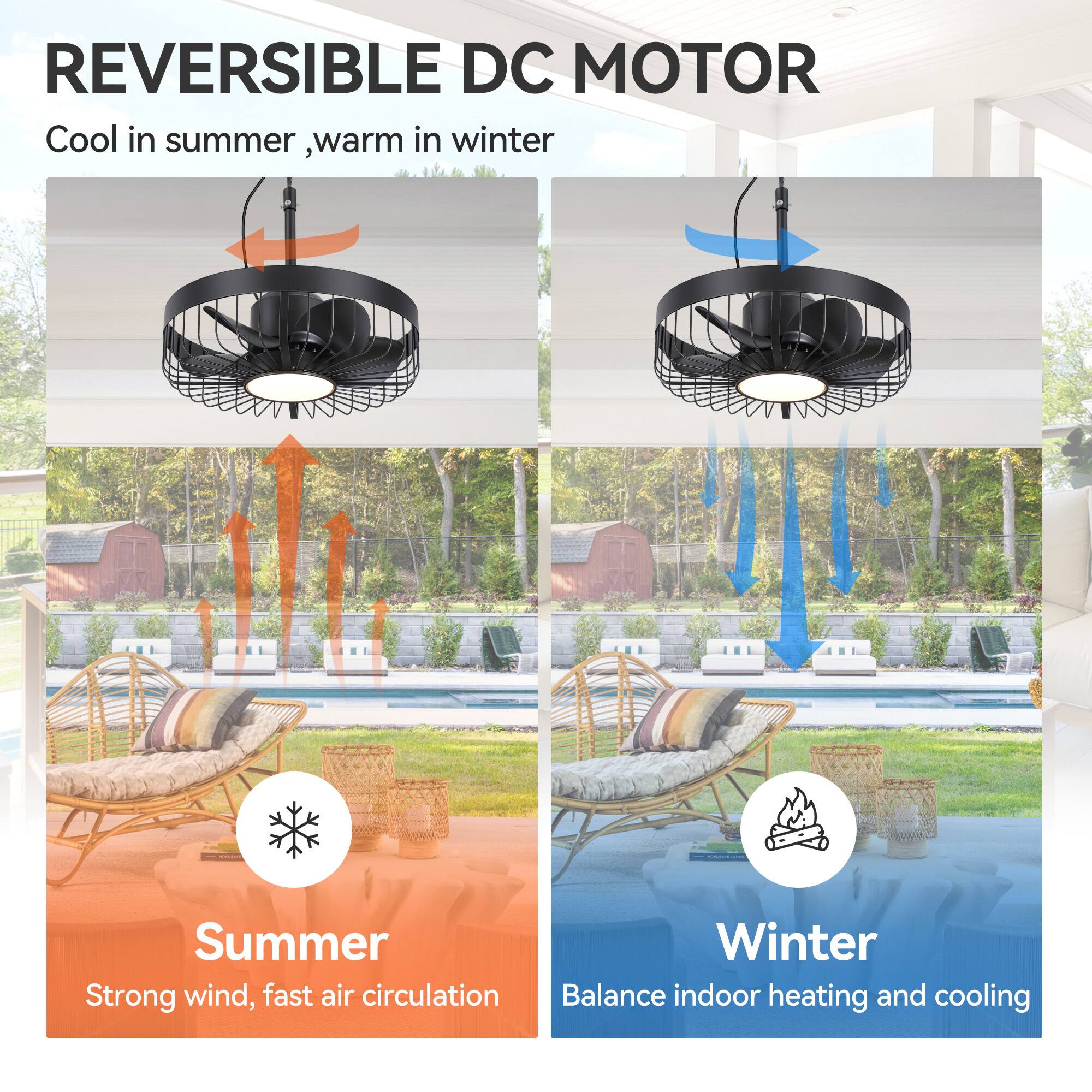 REVERSIBLE DC MOTOR  
Cool in summer, warm in winter  

Summer  
Strong wind, fast air circulation  

Winter  
Balance indoor heating and cooling