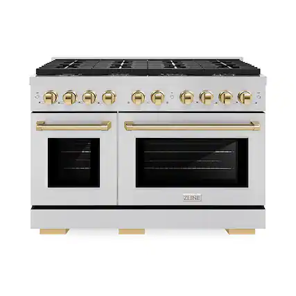 Front. ZLINE - ZLINE Autograph 48 in. Paramount Gas Range with 8 Burner DuoPro Cooktop w/ Polished Gold Accents (PSGRZ-48-G) - Stainless Steel.