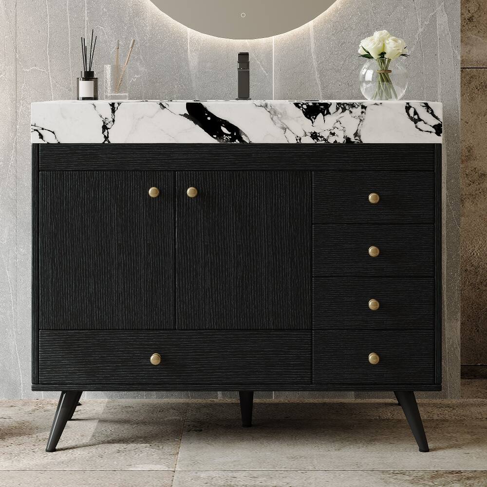 Angle. Loheer - Loheer 36 inch freestanding bathroom vanity black and gold modern vanity faux marble top - Black, Gold, White.