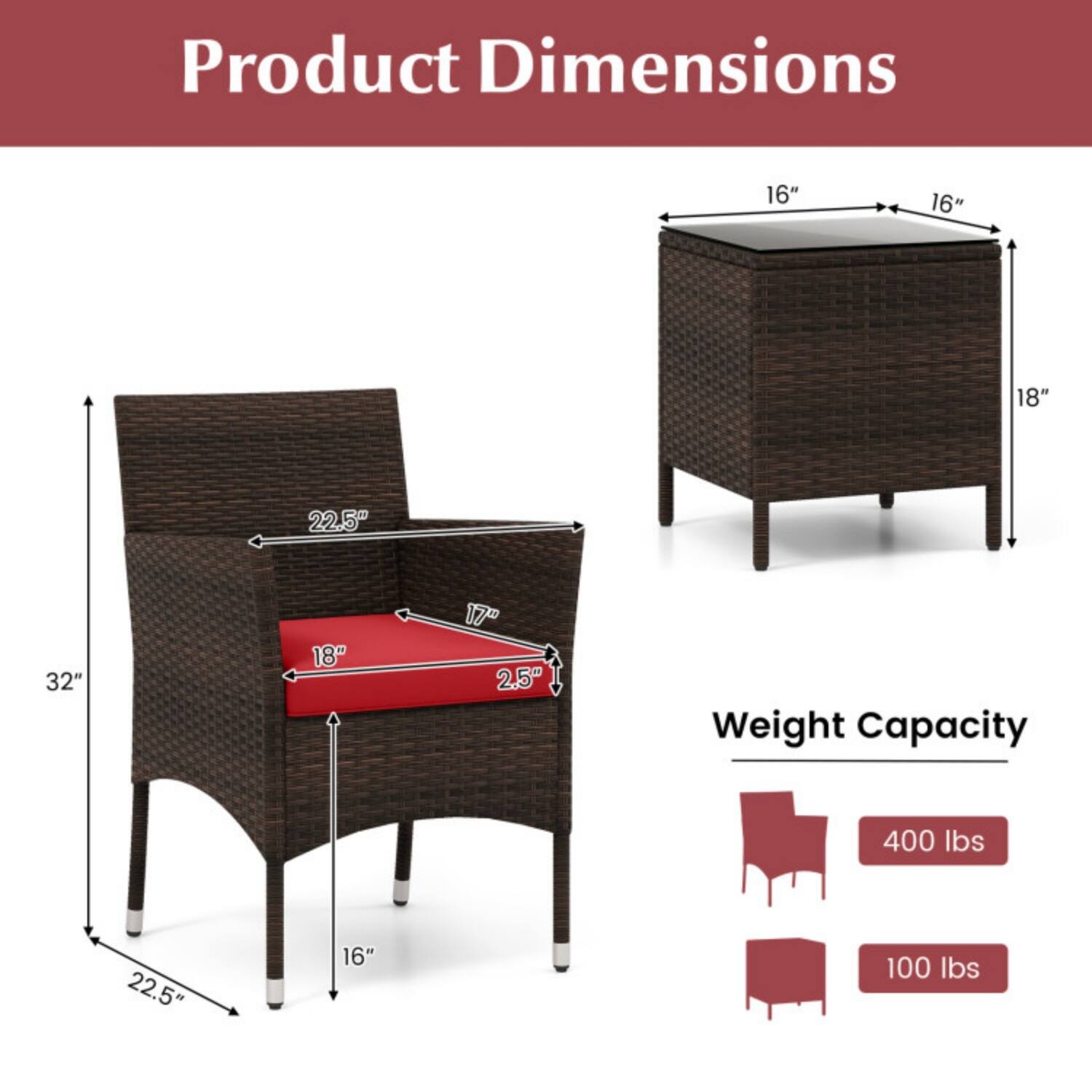 Product Dimensions:  
16" x 16" x 18" x 22.5" x 32" x 18" x 17" x 2.5"  

Weight Capacity:  
400 lbs (chair)  
100 lbs (table)
