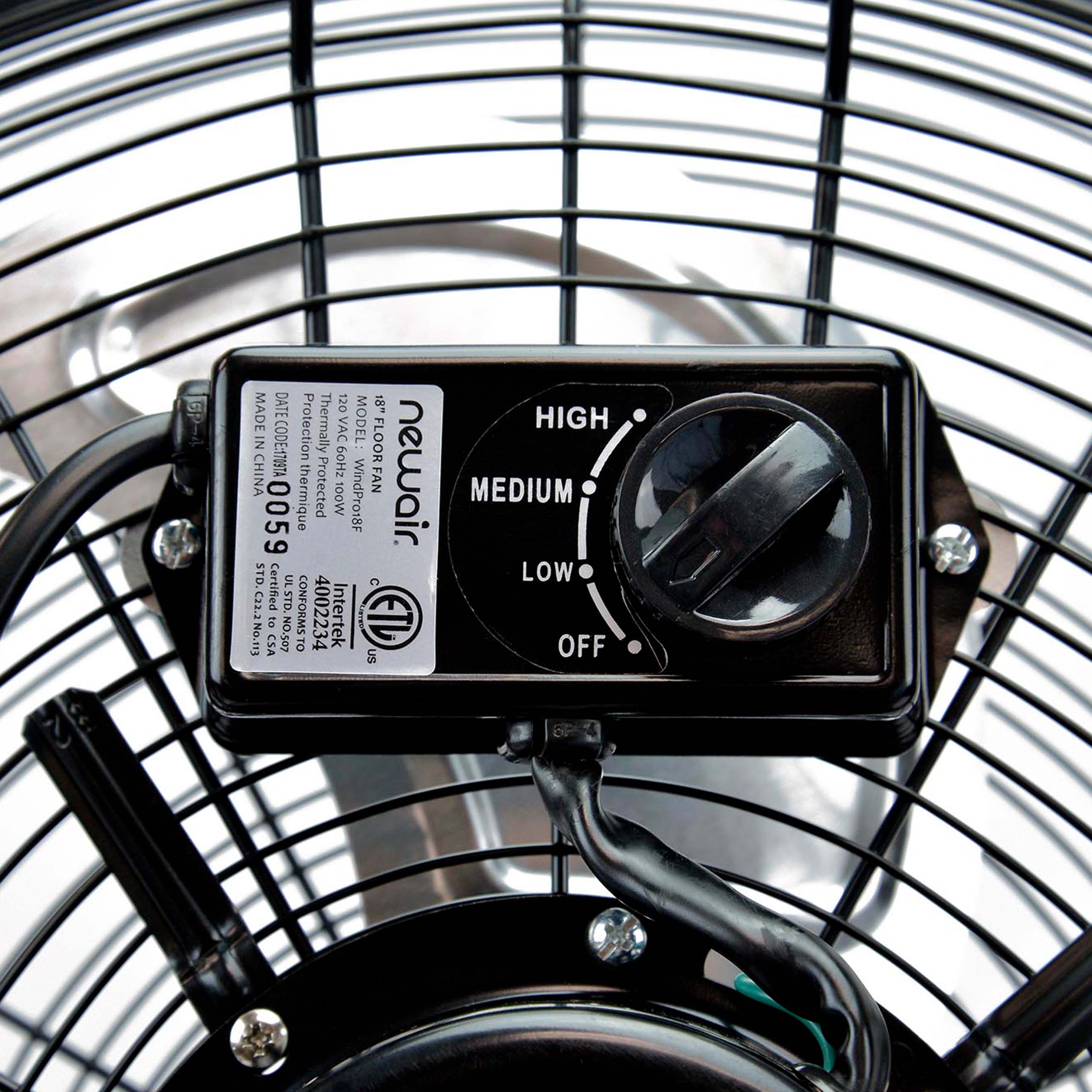 MADE DATE IN CODE: 1709TA CHINA STD. 0059  
Certified UL C23.2 STD. to No.113 CSA NO.507  
120 18" Protection Thermally 120 VAC 60Hz 100W VAC  
MODEL: FLOOR thermique Protected 100W WindPro18F C FAN newair  
CONFORMS TO 4002234 Intertek MOTELLA US ETE  
HIGH MEDIUM LOW OFF