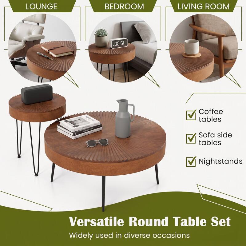 LOUNGE  
BEDROOM  
LIVING ROOM  

12:00  

Coffee tables  
Sofa side tables  
Nightstands  

Versatile Round Table Set  
Widely used in diverse occasions
