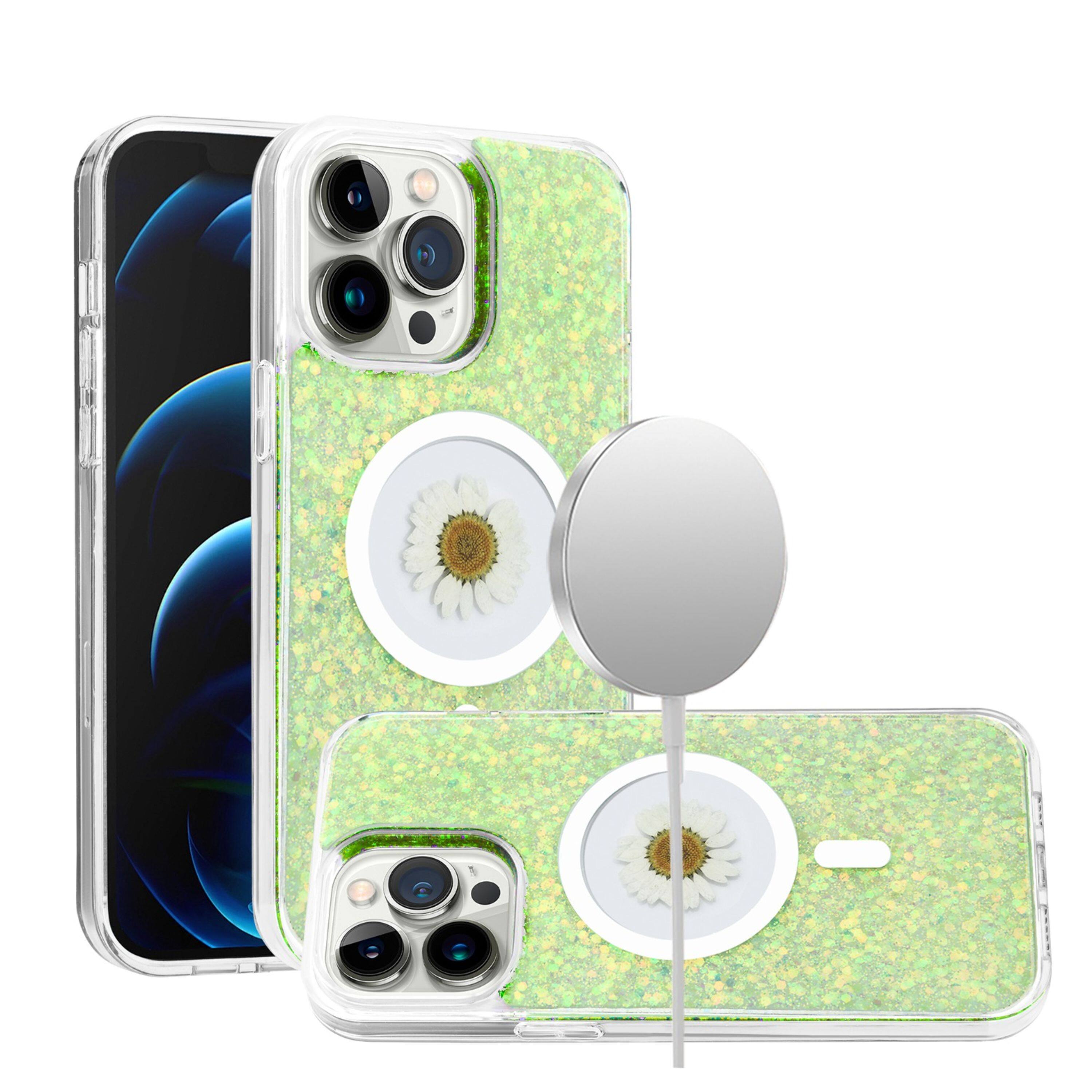 Angle. Kitcheniva - Glitter Hybrid Epoxy Real Flower Phone Case With 2 Pcs Screen Protectors For iPhone 15 Pro Max Green - Green.