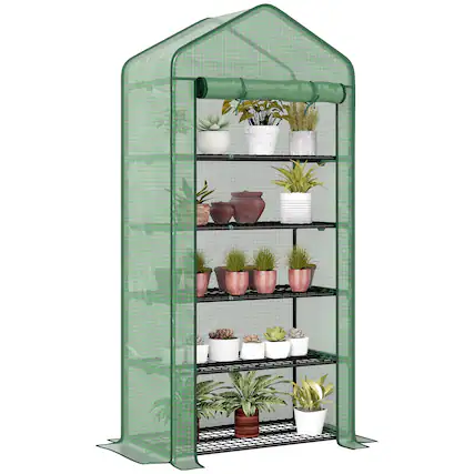 Front. Outsunny - 5 Tier Mini Greenhouse, 76" x 35.4" x 19.3" Small Portable Greenhouse with Reinforced PE Cover, Roll-Up Zippered Door.