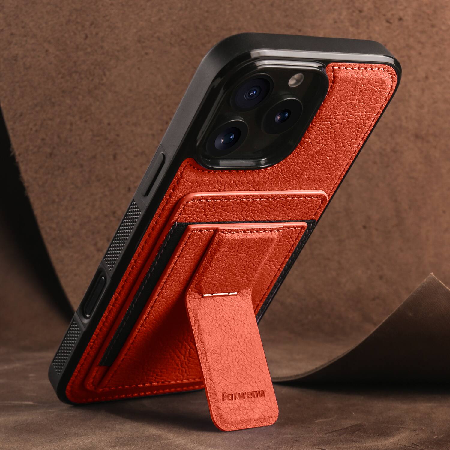 Back. Dteck - Slim Card Holder Case for Apple iPhone 16 Pro, Shockproof Wallet Protective Cover with Kickstand - Orange.