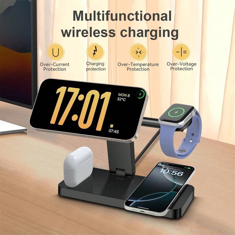 Multifunctional wireless charging  
- Over-Current Protection  
- Charging Protection  
- Over-Temperature Protection  
- Over-Voltage Protection  

MON 8  
32°C  
17:01  
07:45  
10:56