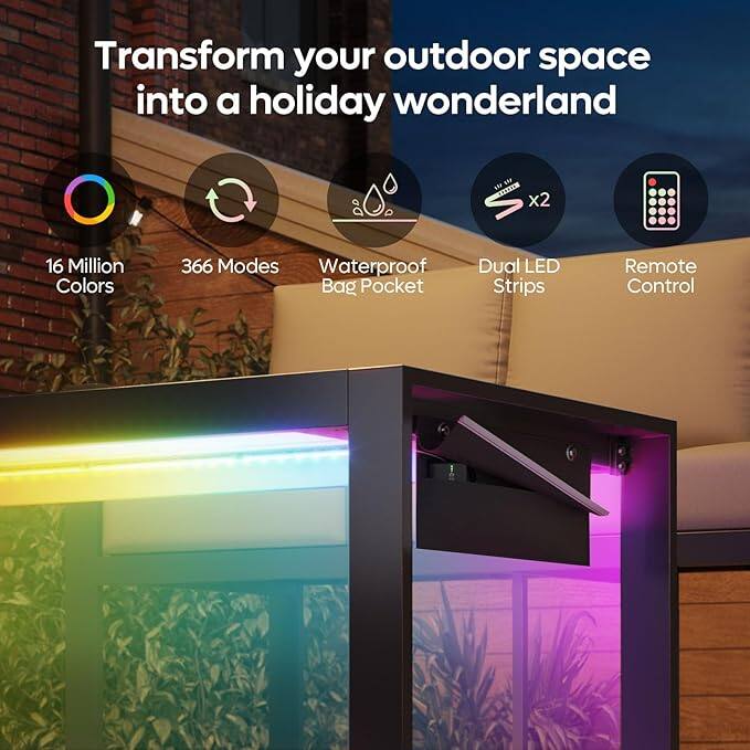 Transform your outdoor space into a holiday wonderland with 16 million colors, 366 modes, waterproof bag pocket, dual LED strips, and remote control.