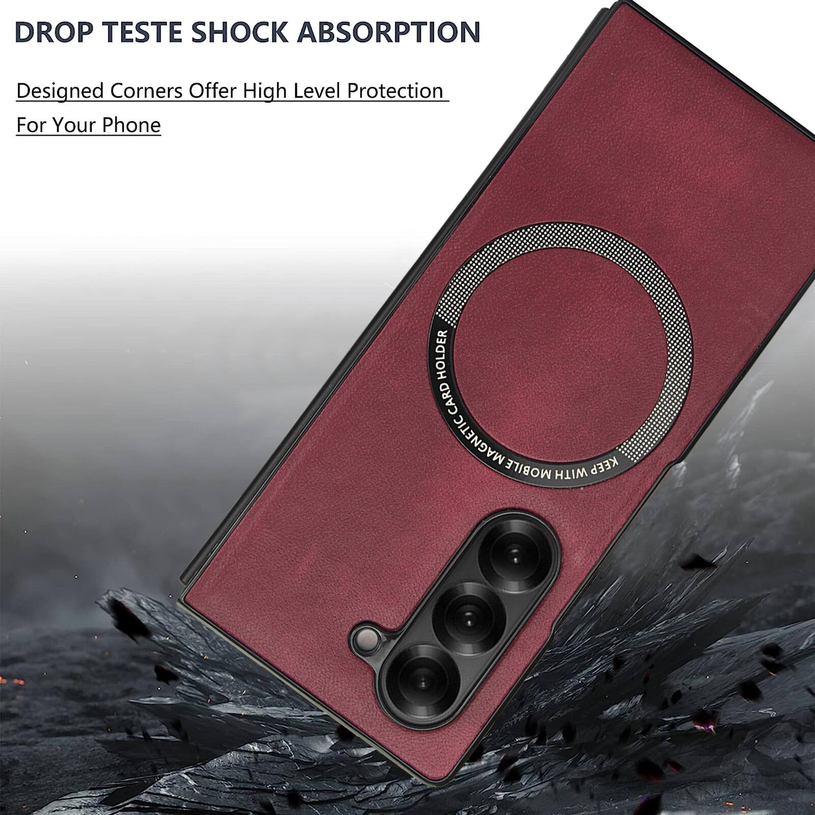 DROP TESTE SHOCK ABSORPTION  
Designed Corners Offer High Level Protection For Your Phone  

HOLDER CARD MAGNETIC  
KEEP MOBILE WITH
