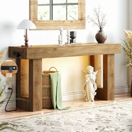Front. Aheaplus - 63'' Console Table with Power Outlets and Sensor Lights for Living Room, Entryway, Hallway - Brown.