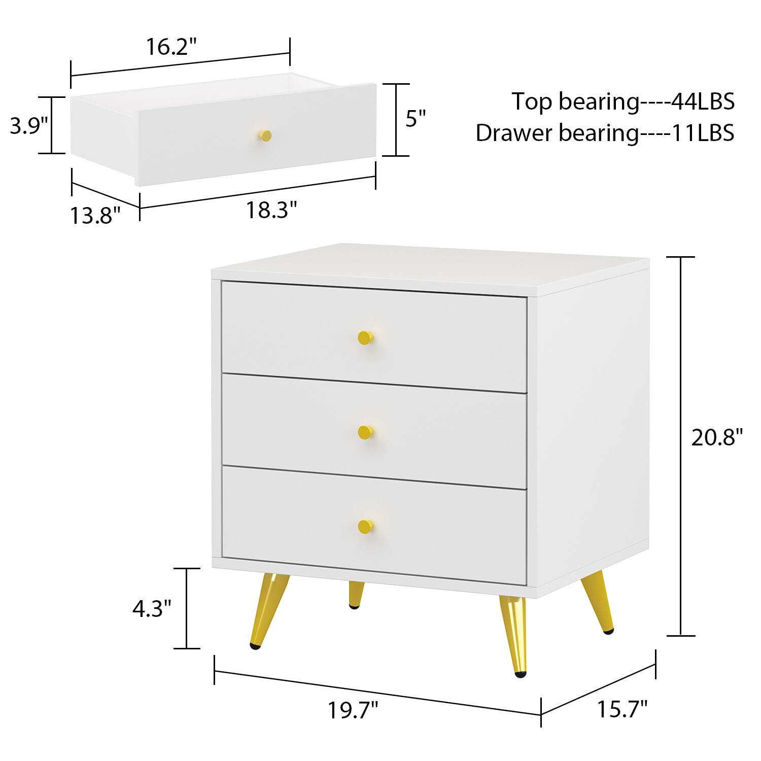 16.2" 3.9" 5" Top bearing----44LBS Drawer bearing----11LBS 13.8" 18.3" 20.8" 4.3" 19.7" 15.7"