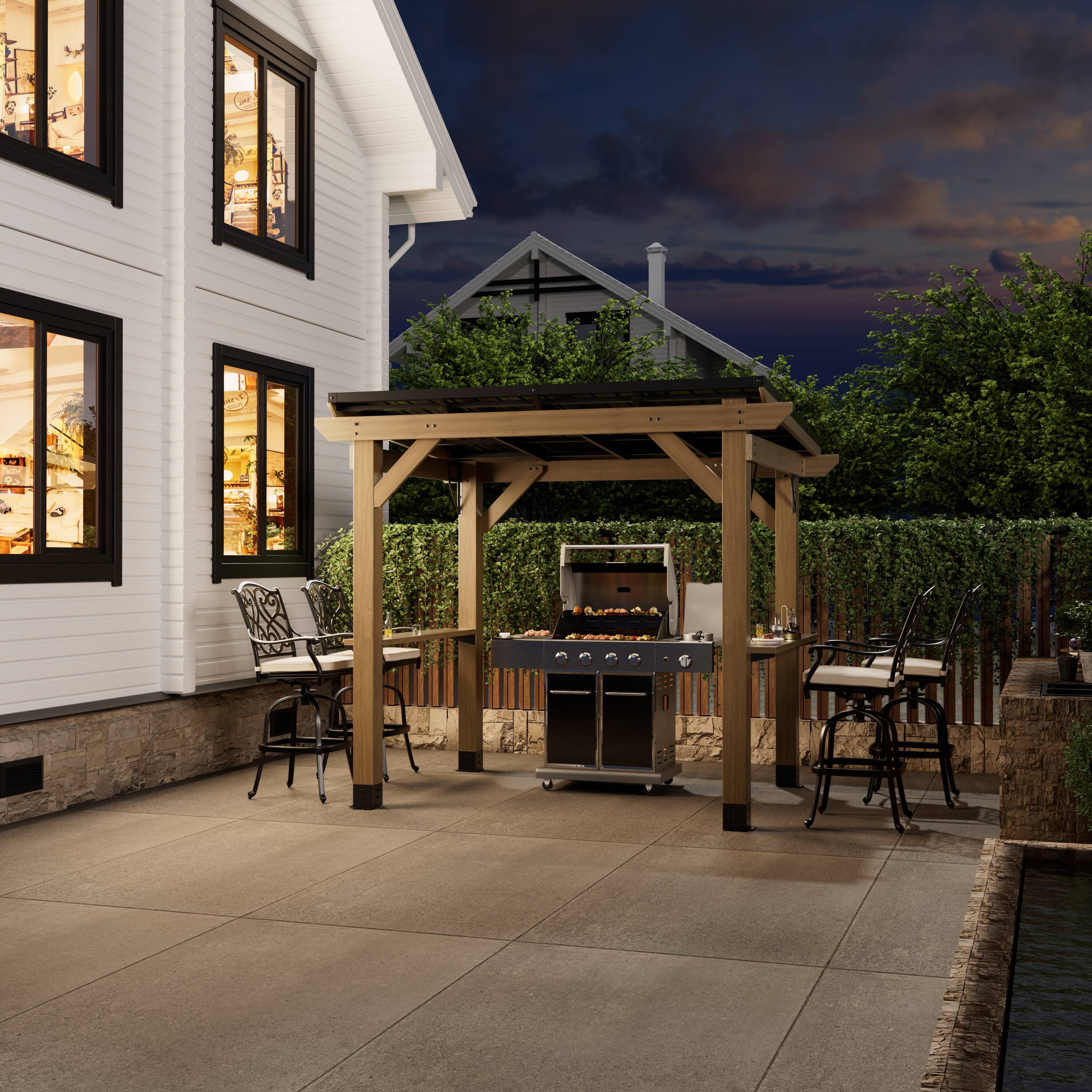 Left. Mondawe - 8x6 ft. Cedar Hardtop BBQ Gazebo with Two Side Wooden Holder - Black.