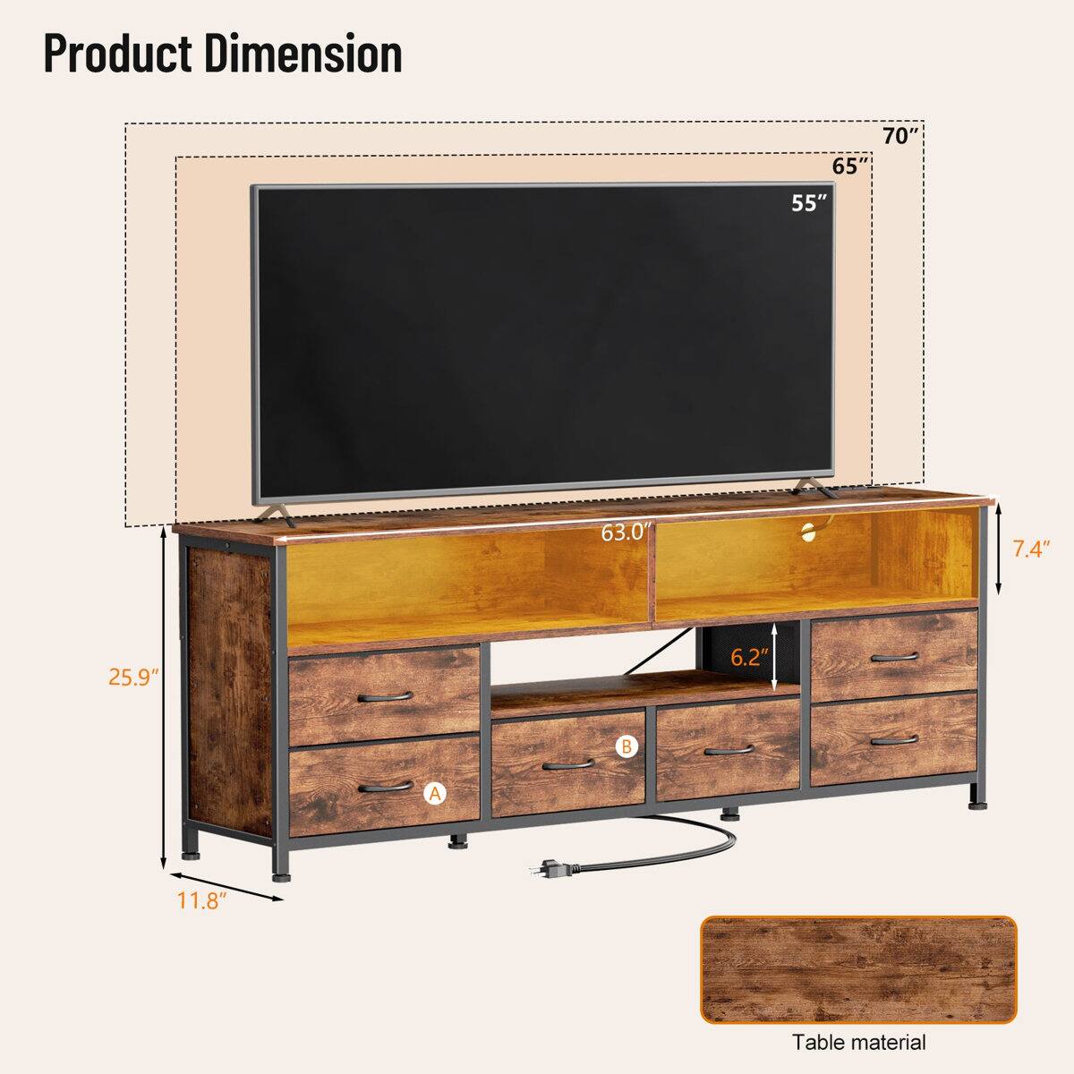 Product Dimension: 70" x 65" x 55" x 63.0" x 7.4" x 25.9" x 6.2" x 11.8"  
Table material
