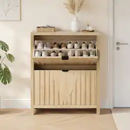 Loheer - 31.5 inch entryway shoe cabinet with vertical carved panels - Oak