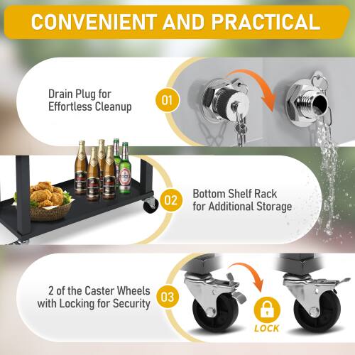 CONVENIENT AND PRACTICAL

01 Drain Plug for Effortless Cleanup

02 Bottom Shelf Rack for Additional Storage

03 2 of the Caster Wheels with Locking for Security