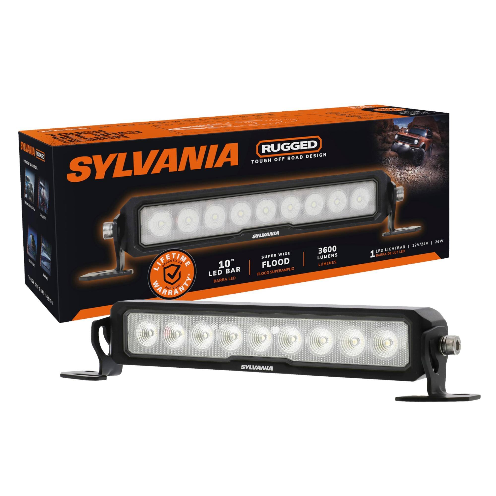 SYLVANIA RUGGED  
TOUGH OFF ROAD DESIGN  

SYLVANIA SUPER WIDE FLOOD  
10" LED BAR  
LIFETIME WARRANTY  

3600 LUMENS  
1 LED LIGHTBAR  
12V/24V | 26W  

SYLVANIA