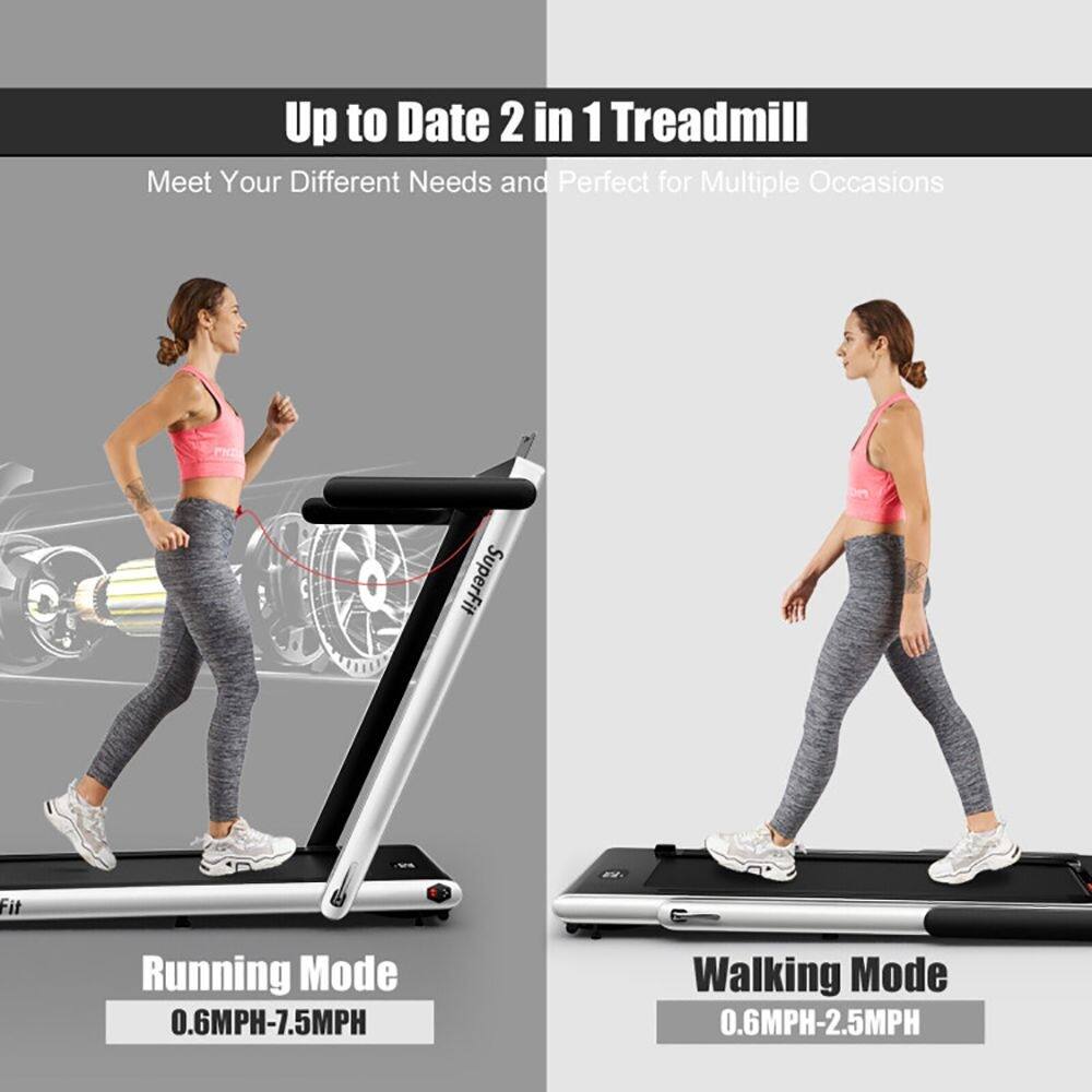 Up to Date 2 in 1 Treadmill  
Meet Your Different Needs and Perfect for Multiple Occasions  

SuperFit  
Running Mode: 0.6MPH-7.5MPH  
Walking Mode: 0.6MPH-2.5MPH
