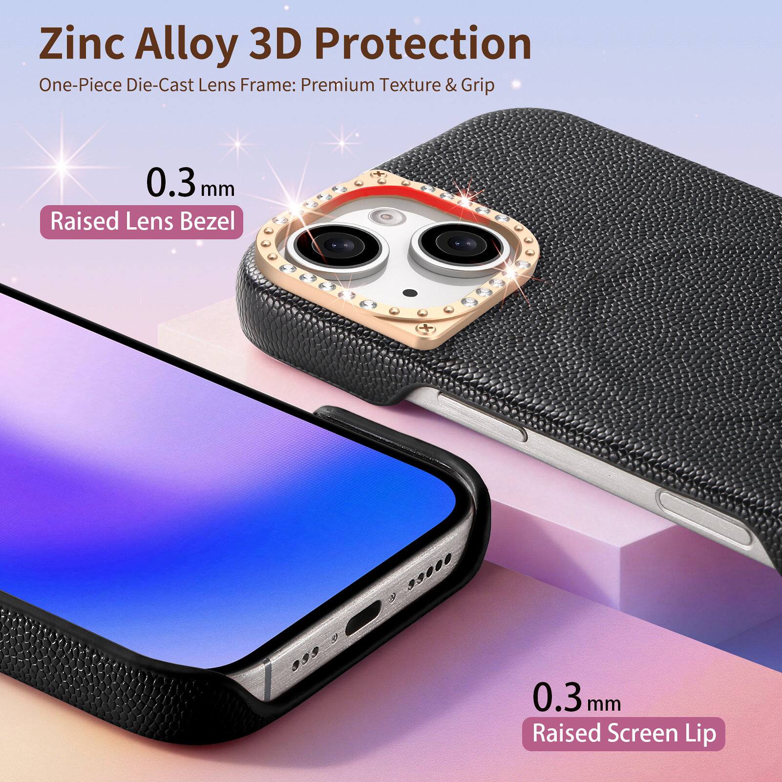 Zinc Alloy 3D Protection  
One-Piece Die-Cast Lens Frame: Premium Texture & Grip  
0.3 mm Raised Lens Bezel  
0.3 mm Raised Screen Lip
