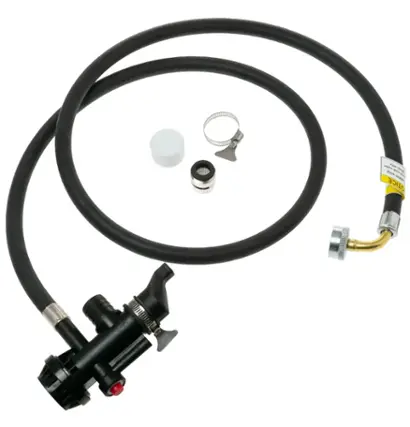 The image shows a black hose with a ring and a nut attached to it. The hose is connected to a black connector, and there is a red button on the end of the hose. The hose is likely part of a water pump system.