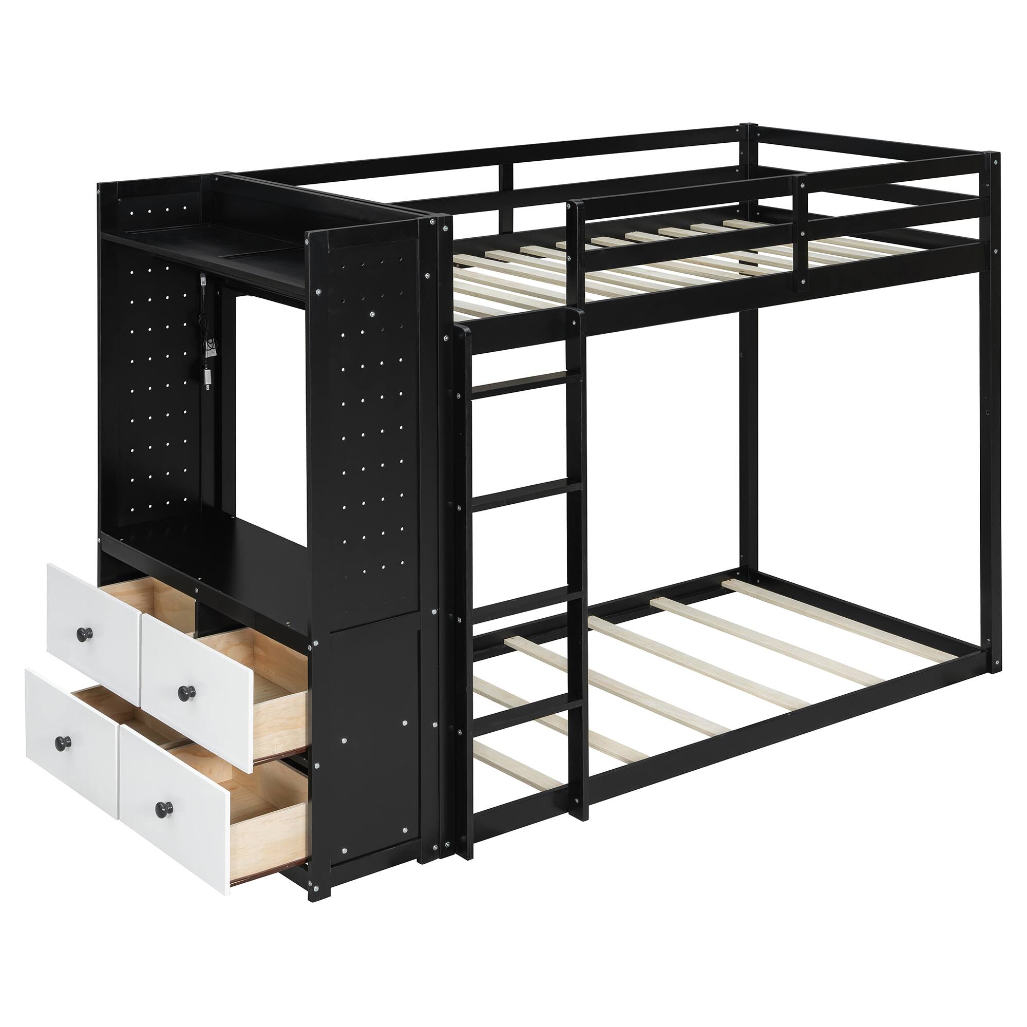Alt View 2. Anysun - Twin Size Bunk Bed with 4 Storage Drawers, Hanging Rail, Light Strip and Built-in Shelves & Dual Pegboards - Black.
