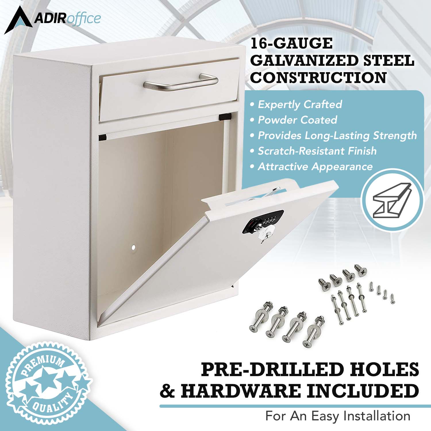 ADIRoffice

16-GAUGE GALVANIZED STEEL CONSTRUCTION
- Expertly Crafted
- Powder Coated
- Provides Long-Lasting Strength
- Scratch-Resistant Finish
- Attractive Appearance

PREMIUM QUALITY

PRE-DRILLED HOLES & HARDWARE INCLUDED
For An Easy Installation