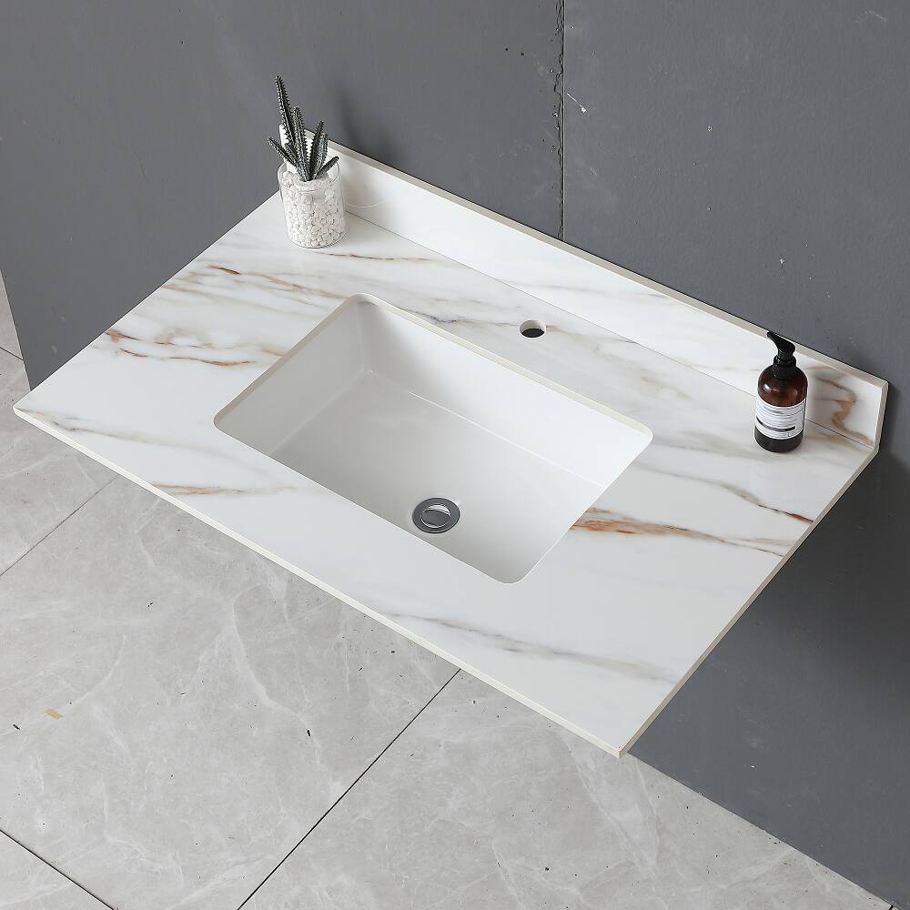 Alt View 8. Loheer - Loheer 37 inch marble vanity top Carrara white with veins - White.
