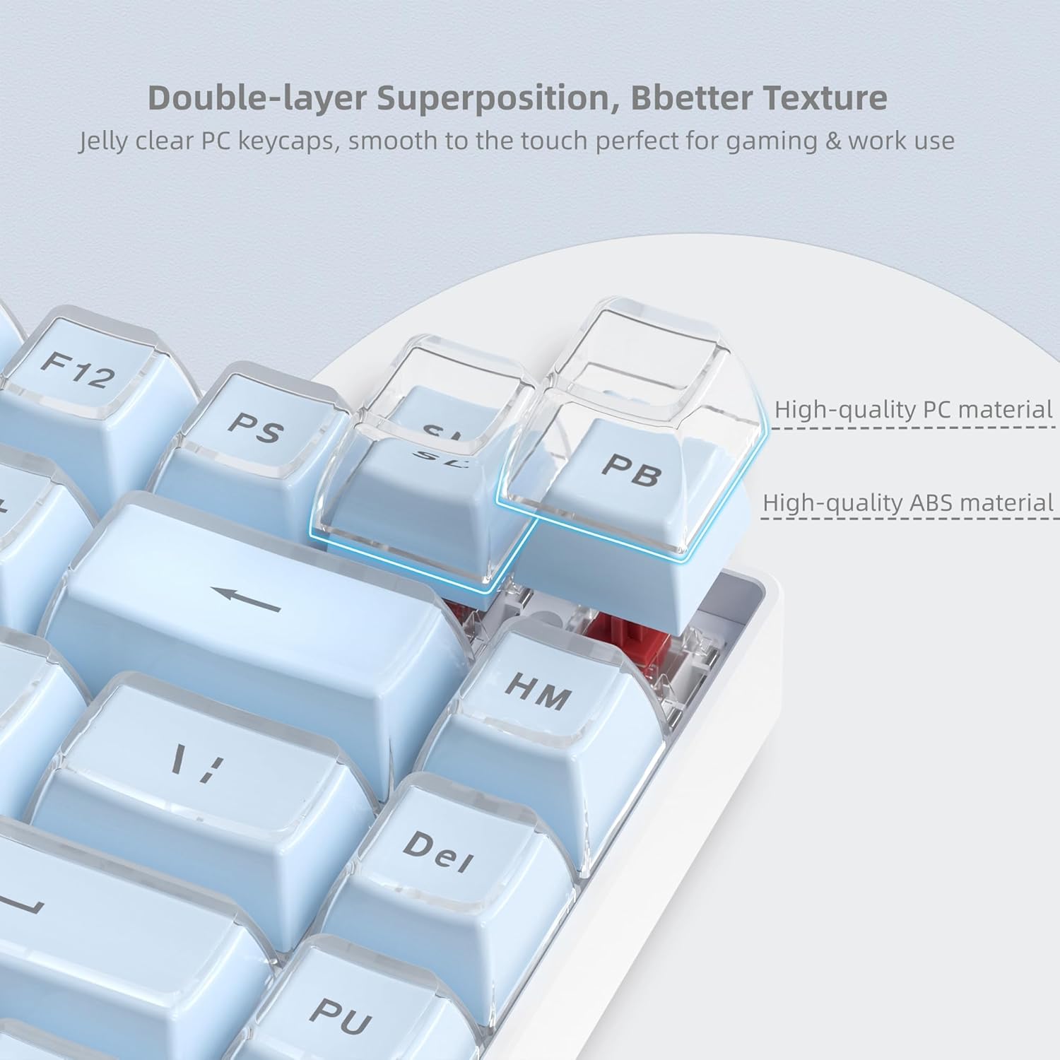 Double-layer Superposition, Better Texture  
Jelly clear PC keycaps, smooth to the touch perfect for gaming & work use  

High-quality PC material  
High-quality ABS material