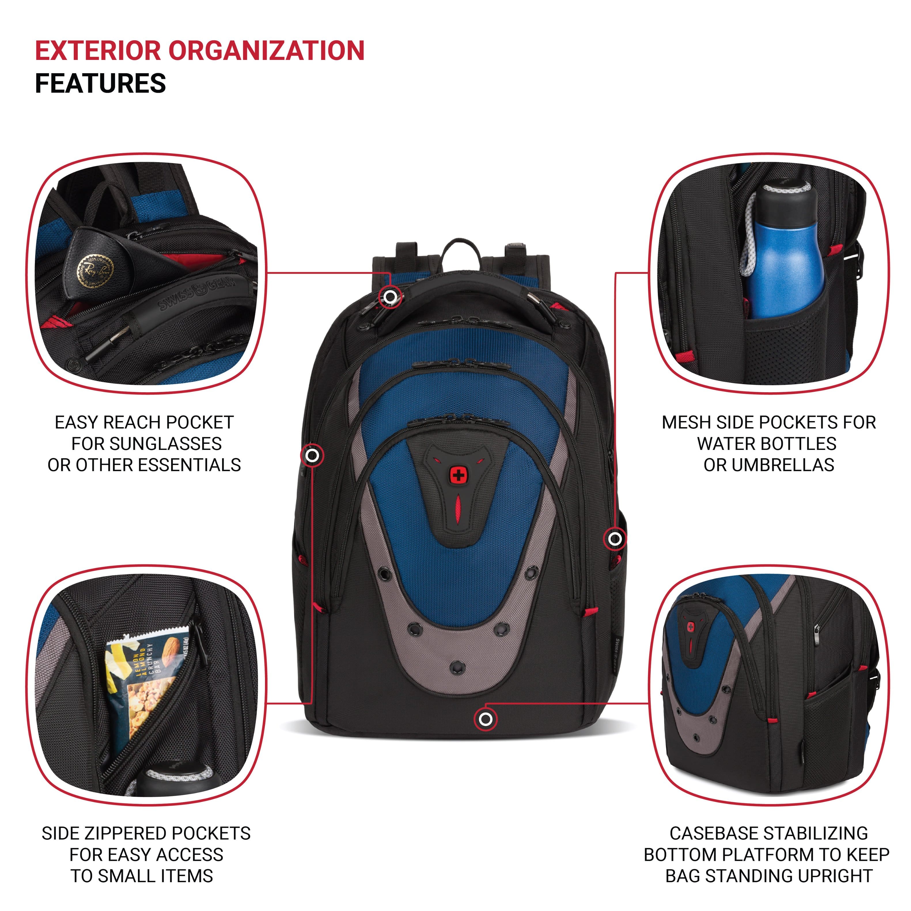 Exterior Organization Features:
1. Easy Reach Pocket for Sunglasses or Other Essentials
2. Mesh Side Pockets for Water Bottles or Umbrellas
3. Side Zippered Pockets for Easy Access to Small Items
4. Casebase Stabilizing Bottom Platform to Keep Bag Standing Upright